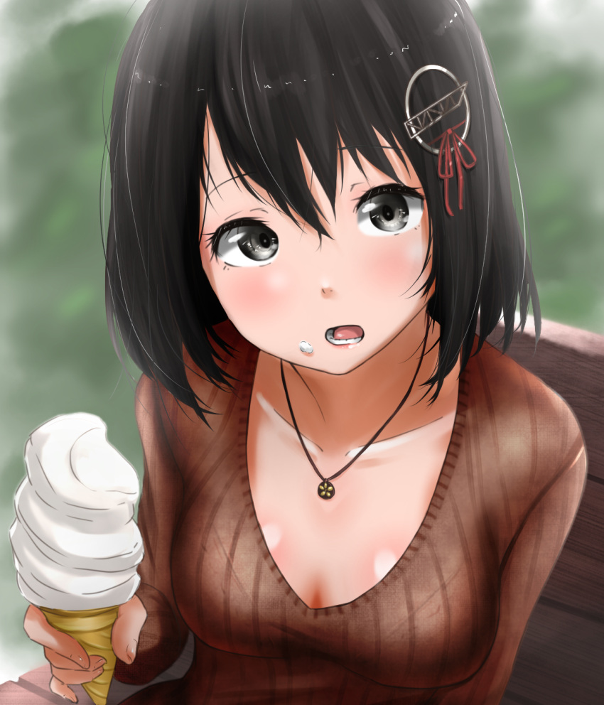 1girl black_hair blush bralines branch breasts brown_sweater eyebrows_visible_through_hair food food_on_face grey_eyes haguro_(kantai_collection) hair_between_eyes highres ice_cream kantai_collection long_sleeves looking_at_viewer medium_breasts open_mouth see-through shirt short_hair sitting solo sweater tama_(seiga46239239) wet wet_clothes wet_shirt