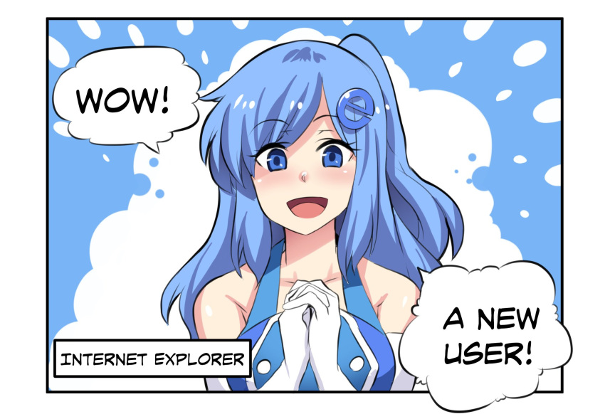 1girl 3koma bare_shoulders blue_eyes blue_hair blush collarbone comic elbow_gloves english excited eyebrows_visible_through_hair gloves hair_ornament highres interlocked_fingers internet_explorer long_hair looking_at_viewer open_mouth original osiimi personification smile solo speech_bubble upper_body