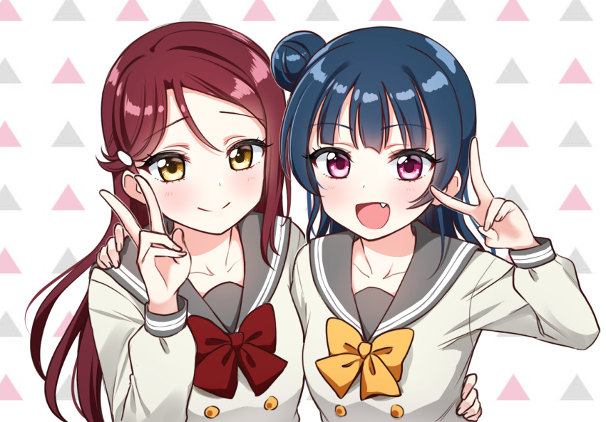 2girls :d arm_around_waist bangs blue_hair bow bowtie collarbone deadnooodles double-breasted eyebrows_visible_through_hair fang hair_ornament hairclip hand_on_another's_shoulder long_hair long_sleeves looking_at_viewer love_live! love_live!_sunshine!! multiple_girls open_mouth patterned_background red_neckwear redhead sakurauchi_riko school_uniform serafuku smile tsushima_yoshiko upper_body uranohoshi_school_uniform v violet_eyes yellow_eyes yellow_neckwear