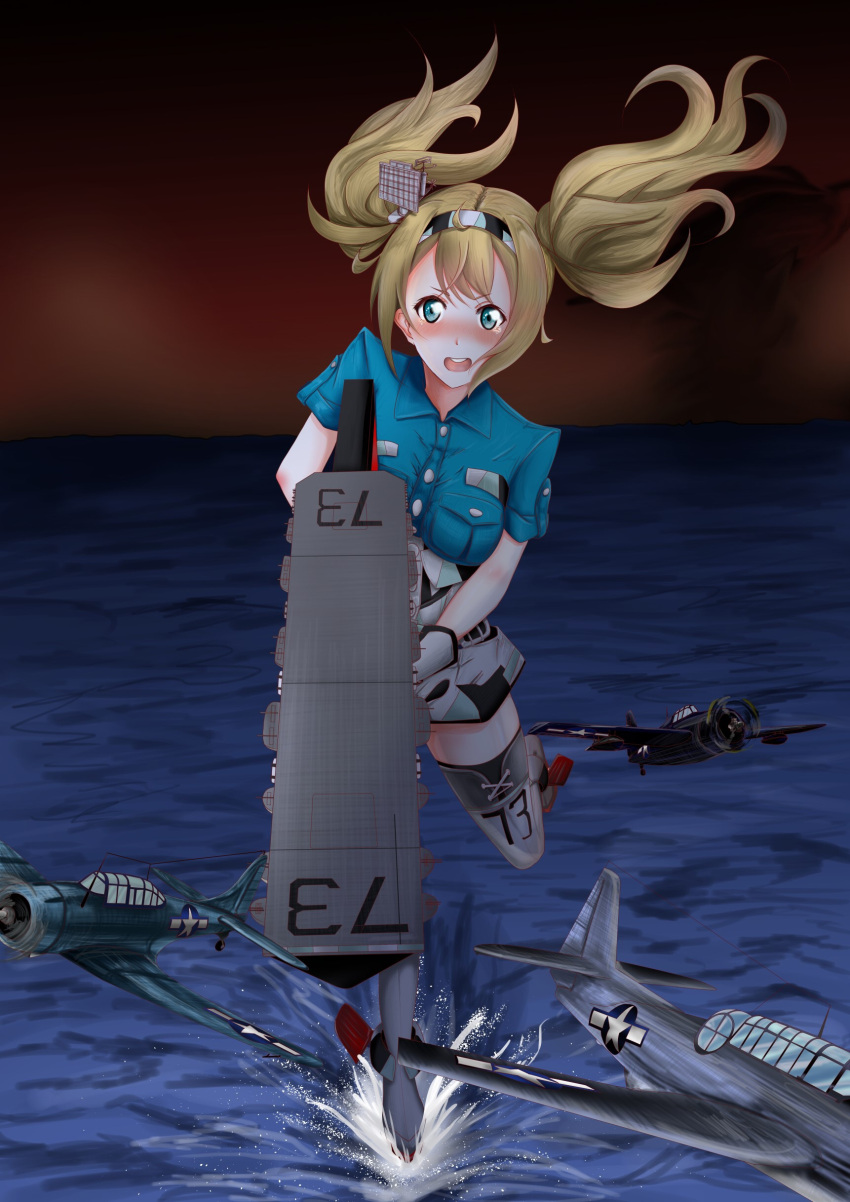 1girl absurdres aircraft aircraft_request blonde_hair blue_eyes blue_shirt breast_pocket buttons carrier collared_shirt commentary darkness deck gambier_bay_(kantai_collection) gloves hair_between_eyes hairband highres kantai_collection launching multicolored multicolored_clothes multicolored_gloves ocean pocket red_sky shirt short_sleeves shorts sky solo souneko_123 tearing_up tears twintails