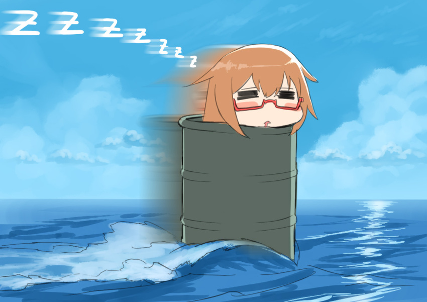1girl =_= bangs blew_andwhite blue_sky blush_stickers brown_hair character_request chibi chin_rest closed_eyes clouds cloudy_sky commentary_request day drooling facing_viewer graphite_(medium) hair_between_eyes horizon kantai_collection long_hair motion_blur no_nose ocean outdoors parted_bangs red-framed_eyewear semi-rimless_eyewear sketch sky sleeping solo traditional_media under-rim_eyewear waves zzz