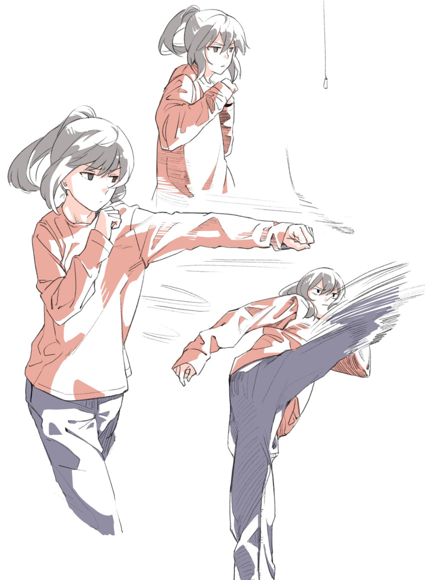 1girl action closed_mouth commentary_request fighting_stance grey_eyes grey_hair grey_pants highres jitome kicking leg_up long_sleeves muchi_maro multiple_views pants ponytail solo standing standing_on_one_leg sweater