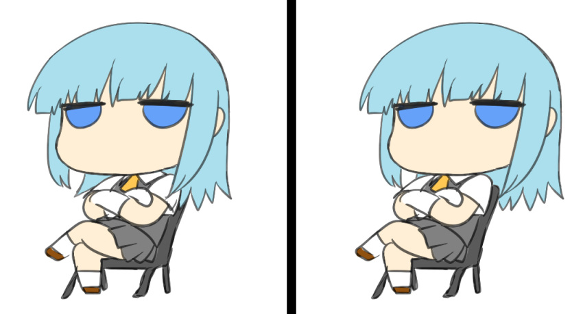 1girl aqua_hair bangs big_head blew_andwhite blue_eyes brown_footwear chair character_request chibi commentary_request crossed_arms expressionless flat_color full_body gloves graphite_(medium) grey_skirt half-closed_eyes jitome kantai_collection legs_crossed looking_at_viewer miniskirt no_mouth no_nose no_pupils pleated_skirt recurring_image short_sleeves simple_background sitting sketch skirt traditional_media white_background white_gloves white_legwear