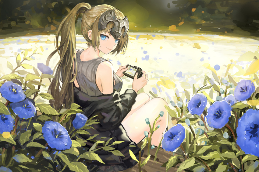 1girl alternate_costume alternate_hairstyle bangs bare_arms bare_legs bare_shoulders bench black_jacket blonde_hair blue_eyes blue_flower camera closed_mouth commentary_request danann day eyebrows_visible_through_hair fate/apocrypha fate_(series) field flower flower_field from_side grey_tank_top headpiece highres holding holding_camera jacket jeanne_d'arc_(fate) jeanne_d'arc_(fate)_(all) long_hair long_sleeves looking_at_viewer looking_to_the_side off_shoulder open_clothes open_jacket outdoors petals pink_lips ponytail sitting smile solo tank_top very_long_hair water_drop
