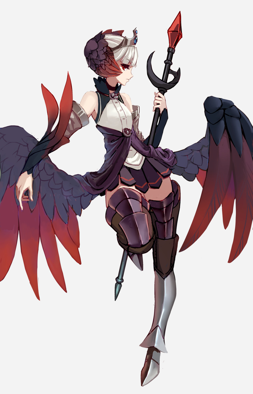 1girl armor armored_boots armored_dress bare_shoulders black_armor black_wings boots choker crown dress feathered_wings feathers full_body greaves grey_background gwendolyn head_wings highres looking_at_viewer low_wings odin_sphere pleated_dress polearm red_eyes red_wings short_hair solo spear standing standing_on_one_leg strapless strapless_dress thigh-highs thigh_boots valkyrie virgosdf weapon white_hair wings zettai_ryouiki