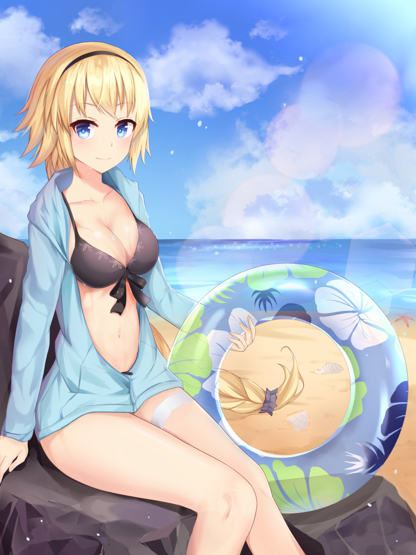 1girl absurdres arm_support bangs beach bikini black_bikini black_hairband blonde_hair blue_eyes blue_innertube blue_jacket blue_sky blush braid breasts cleavage closed_mouth clouds cloudy_sky commentary_request day ds_a eyebrows_visible_through_hair fate/grand_order fate_(series) front-tie_bikini front-tie_top hair_ornament hair_scrunchie hairband highres holding holding_innertube horizon innertube jacket jeanne_d'arc_(fate)_(all) jeanne_d'arc_(swimsuit_archer) long_hair long_sleeves looking_at_viewer medium_breasts navel ocean outdoors purple_scrunchie sand scrunchie seashell shell single_braid sky smile solo starfish swimsuit very_long_hair water