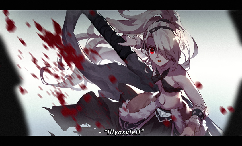 1girl black_skirt breasts character_name fate/kaleid_liner_prisma_illya fate_(series) floating_hair hair_ornament hair_over_one_eye holding holding_sword holding_weapon illyasviel_von_einzbern long_hair midriff navel open_mouth red_eyes silver_hair skirt small_breasts solo stomach sword timmy_(tztime) under_boob very_long_hair weapon
