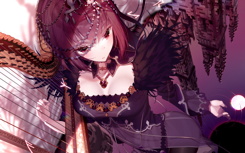 1girl atha_(leejuiping) black_legwear breasts brick_wall commentary_request detached_collar dress dutch_angle fate/grand_order fate_(series) feather_trim fingernails harp headpiece highres instrument jewelry long_hair long_sleeves medium_breasts music pantyhose parted_lips pendant playing_instrument purple_dress red_eyes redhead ripples scathach_(fate)_(all) scathach_skadi_(fate/grand_order) smile solo tower water