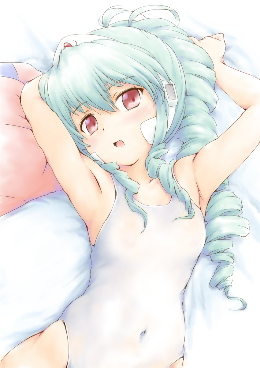 1girl :d armpits arms_up bangs bare_arms bare_shoulders bed_sheet blue_hair breasts collarbone covered_navel drill_hair eyebrows_visible_through_hair galaxy_angel highres light_blue_hair looking_at_viewer lying normad on_back one-piece_swimsuit open_mouth pink_eyes ponytail shimamoto_(natsuki) small_breasts smile solo swimsuit vanilla_h white_swimsuit