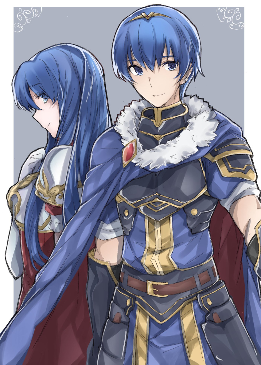 1boy 1girl aiueo1234853 armor blue_eyes blue_hair blush cape elbow_gloves fingerless_gloves fire_emblem fire_emblem:_mystery_of_the_emblem fire_emblem_heroes gloves highres intelligent_systems long_hair looking_at_viewer marth nintendo pegasus_knight sheeda simple_background smile thigh-highs