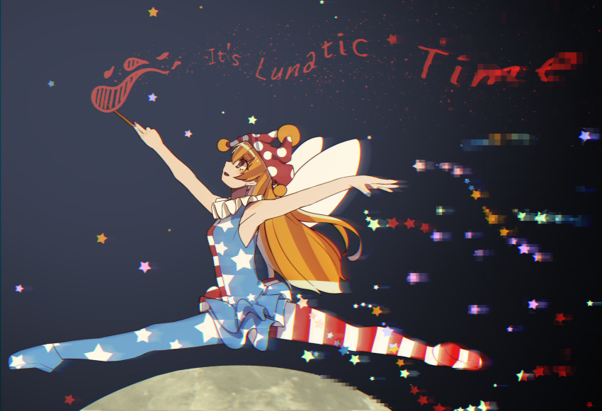 1girl absurdres ai_ken american_flag_dress american_flag_legwear armpits arms_up bare_arms blonde_hair clownpiece commentary english english_commentary fairy_wings from_side full_body hat highres holding jester_cap long_hair moon nail_polish open_mouth polka_dot profile sleeveless solo star torch touhou wings