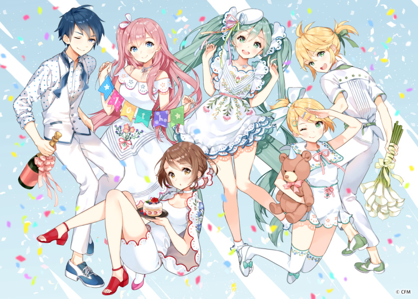 2boys 4girls :d ;) ahoge ancotaku aqua_eyes aqua_hair aqua_ribbon bangs blonde_hair blue_eyes blue_footwear bottle bouquet bow brown_eyes brown_hair cake commentary_request confetti dress floral_print flower food hair_bow hair_ornament hair_ribbon hairpin hatsune_miku holding holding_bottle holding_bouquet holding_plate kagamine_len kagamine_rin kaito long_hair looking_at_viewer megurine_luka meiko multiple_boys multiple_girls neck_ribbon no_socks official_art one_eye_closed one_side_up open_mouth open_toe_shoes pants pink_hair pink_ribbon plate polka_dot polka_dot_shirt ponytail red_footwear ribbon salute shirt shoes sitting smile sneakers socks standing string_of_flags thigh-highs twintails upper_teeth very_long_hair vest vocaloid watermark white_footwear white_legwear white_pants white_ribbon white_shirt wine_bottle