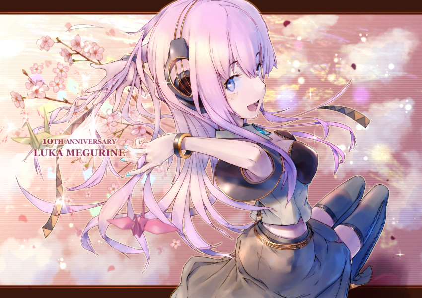 1girl anniversary arms_behind_head blue_eyes bracelet breasts cherry_blossoms cleavage commentary from_behind headphones highres jewelry long_hair looking_back magzz medium_breasts megurine_luka megurine_luka_(vocaloid4) pink_hair sitting smile solo thigh-highs vocaloid