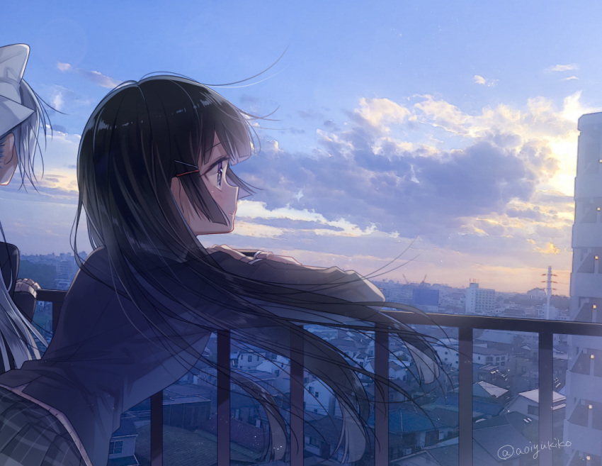 2girls bangs black_hair blazer bow building cityscape clouds commentary_request grey_hair hair_blowing hair_bow hair_ornament hairpin higuchi_kaede jacket leaning long_hair long_sleeves multiple_girls nijisanji plaid plaid_skirt pleated_skirt railing skirt solo_focus sunrise tsukino_mito twitter_username white_bow yukiko_(tesseract)