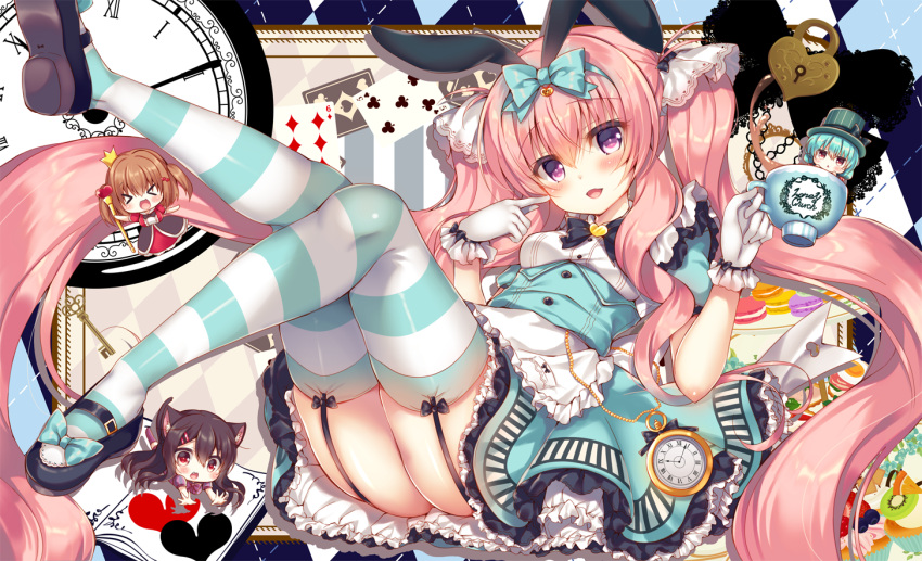 4girls :d absurdly_long_hair alice_(wonderland) alice_(wonderland)_(cosplay) alice_in_wonderland animal_ears apron ass bangs black_footwear blue_bow blue_hair blue_skirt blush book bow breasts brown_hair card cat_ears chibi club_(shape) commentary cosplay diamond_(shape) eyebrows_visible_through_hair frilled_apron frilled_skirt frills garter_straps gloves green_hat hair_between_eyes hair_bow hair_ribbon hat head_tilt heart holding holding_staff lilia_chocolanne lock long_hair mad_hatter mad_hatter_(cosplay) mary_janes multiple_girls open_book open_mouth original padlock pink_hair playing_card puffy_short_sleeves puffy_sleeves queen_of_hearts queen_of_hearts_(cosplay) rabbit_ears red_eyes ribbon shirt shoe_soles shoes short_sleeves skirt small_breasts smile staff striped striped_legwear suzune_rena thigh-highs top_hat twintails two_side_up vertical-striped_hat vertical_stripes very_long_hair violet_eyes waist_apron white_apron white_gloves white_ribbon white_shirt