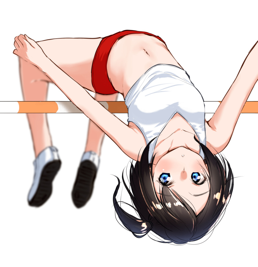 1girl bangs black_hair blue_eyes blurry blurry_background blush buruma collarbone commentary_request depth_of_field eyebrows_visible_through_hair high_jump highres jumping looking_at_viewer midriff navel one_side_up original parted_lips red_buruma shoes short_hair simple_background solo suzunari_shizuku tank_top upside-down white_background white_footwear white_tank_top yuki_arare