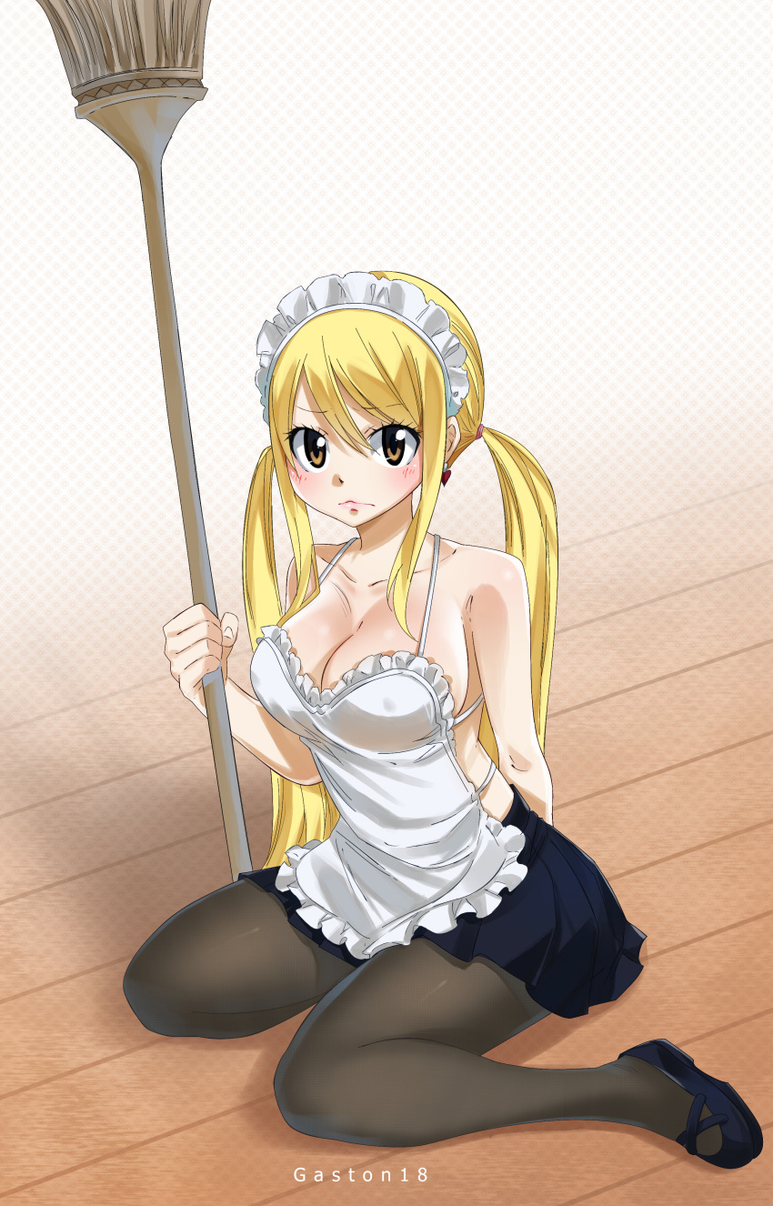 1girl absurdres alternate_costume apron arm_behind_back artist_name black_legwear blonde_hair blue_footwear blue_skirt blush breasts broom brown_eyes cleavage collarbone earrings enmaided eyebrows_visible_through_hair fairy_tail frilled_apron frills gaston18 hair_between_eyes heart heart_earrings highres holding holding_broom jewelry large_breasts long_hair looking_at_viewer lucy_heartfilia maid maid_headdress miniskirt pantyhose pleated_skirt sideboob sitting skirt solo twintails very_long_hair wariza white_apron white_background wooden_floor