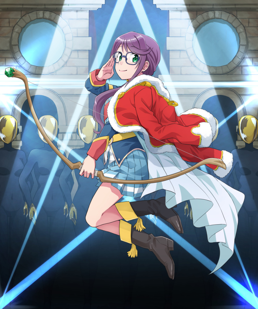 1girl black_footwear blue-framed_eyewear blue_skirt boots bow_(weapon) cape coat full_body glasses green_eyes hand_up highres hoshimi_junna indoors long_hair looking_at_viewer lourie mannequin midair purple_hair red_coat salute shoujo_kageki_revue_starlight skirt smile solo stage_lights uniform weapon white_cape window