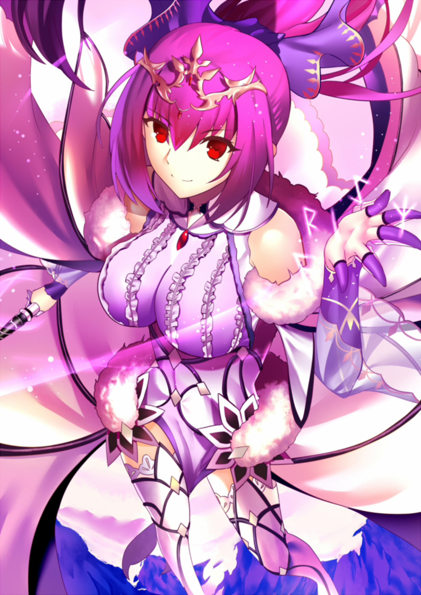 1girl bangs boots breasts closed_mouth dress fate/grand_order fate_(series) fur_trim hair_between_eyes hair_ribbon highres jewelry large_breasts long_hair looking_at_viewer paperfinger pendant ponytail purple_dress purple_footwear purple_hair purple_ribbon red_eyes ribbon runes scathach_(fate)_(all) scathach_skadi_(fate/grand_order) smile solo thigh-highs thigh_boots tiara wand