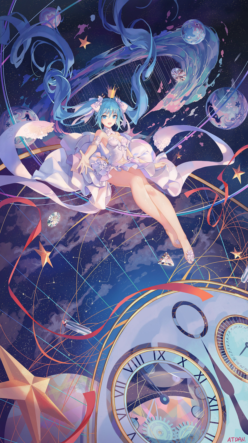 1girl absurdly_long_hair aqua_hair atdan bangs bare_legs bare_shoulders barefoot blue_hair blush bow breasts cleavage constellation crown diamond dress flower flying gears gem hair_between_eyes hair_bow hair_flower hair_ornament hair_ribbon hatsune_miku highres jewelry long_hair looking_at_viewer midair mini_crown navel open_mouth outstretched_arm outstretched_hand planet ribbon roman_numerals rose signature sky smile solo star star_(sky) starry_sky twintails very_long_hair vocaloid watch white_dress white_flower white_rose