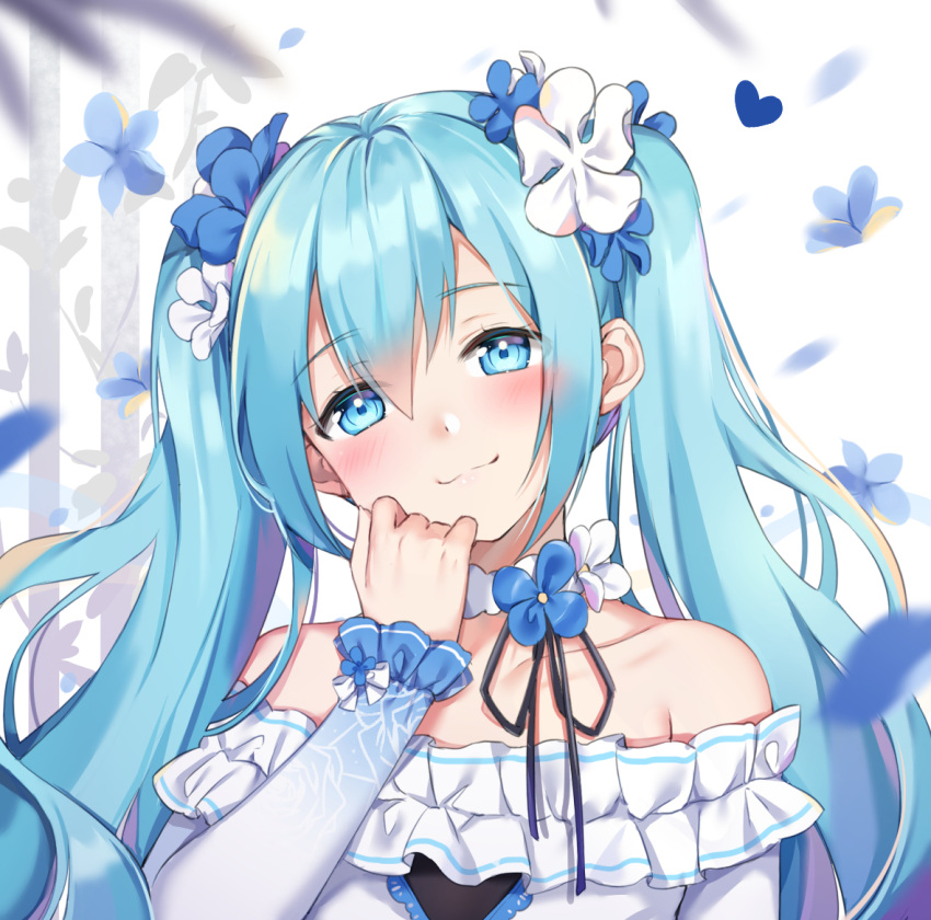 1girl :3 alternate_costume bangs bare_shoulders blue_dress blue_eyes blue_flower blue_hair blush choker closed_mouth collarbone dress flower frilled_sleeves frills hair_between_eyes hair_flower hair_ornament hand_on_own_face hand_up hatsune_miku head_tilt heart long_hair long_sleeves looking_at_viewer mamemena motion_blur off-shoulder_dress off_shoulder petals shiny shiny_hair sidelocks smile solo twintails upper_body vocaloid white_background white_choker white_flower