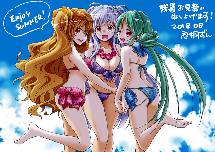 3girls alternate_hairstyle azur_lane blonde_hair breasts cleavage clouds comet_(azur_lane) commentary_request crescent_(azur_lane) cygnet_(azur_lane) english flower graphite_(medium) green_hair hand_holding lavender_hair leg_up long_hair looking_at_viewer mechanical_pencil multiple_girls pencil shinogiri_zun swimsuit traditional_media translation_request twintails