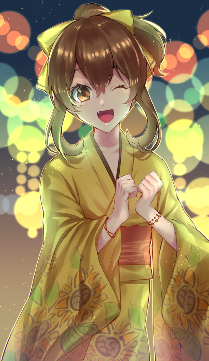 1girl brown_eyes brown_hair dyute_(fire_emblem) fang festival fire_emblem fire_emblem_echoes:_mou_hitori_no_eiyuuou fire_emblem_heroes highres japanese_clothes kazakami_73 kimono long_hair looking_at_viewer open_mouth ponytail simple_background smile solo
