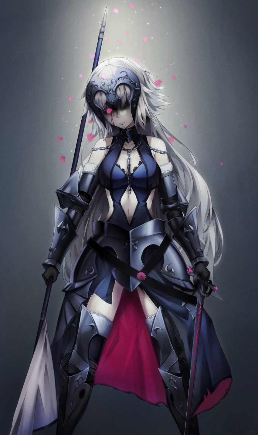 1girl absurdres armor armored_boots armored_dress black_gloves black_legwear blood blood_on_face boots breasts chains collarbone elbow_gloves fate/grand_order fate_(series) floating_hair fur_trim gloves grey_background headpiece highres holding holding_sword holding_weapon jeanne_d'arc_(alter)_(fate) jeanne_d'arc_(fate)_(all) long_hair medium_breasts navel navel_cutout petals shaded_face silver_hair simple_background solo standing sword thigh-highs torii_vita_asayoru very_long_hair weapon white_skin