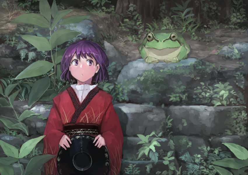 1girl bowl bowl_hat frog hat headwear_removed ichiba_youichi japanese_clothes kimono looking_to_the_side minigirl nature obi object_on_head outdoors purple_hair sash short_hair sukuna_shinmyoumaru touhou tree violet_eyes