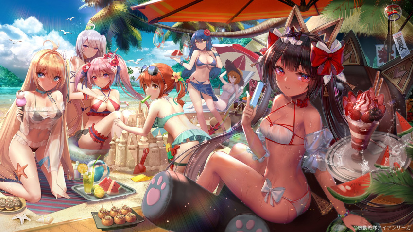 6+girls ahoge alisa_(iron_saga) alternate_costume arm_support ass bag ball bangle bangs barefoot beach beach_mat beach_umbrella beachball bell bikini bird black_bikini black_hair blonde_hair blue_bikini blue_eyes blue_hair blunt_bangs blush bow bracelet breasts brown_eyes chair character_request choker cleavage collarbone commentary_request crown cup day eyebrows_visible_through_hair eyewear_on_head flower food frilled_bikini frills fruit groin hair_between_eyes hair_bow hair_flower hair_ornament hair_ribbon half-closed_eyes hand_on_another's_chest hand_up hat hat_removed headgear headwear_removed heterochromia highres holding holding_food holding_tray ice_cream ice_cream_cone iron_saga island jewelry kneeling large_breasts leaning_forward leg_garter leg_ribbon lifebuoy long_hair looking_at_viewer lounge_chair mathilda_(iron_saga) medium_breasts mini_crown mouth_hold multiple_girls mutsuki_(iron_saga) navel neck_ribbon o-ring o-ring_top official_art one-piece_swimsuit one_eye_closed open_mouth orange_hair palm_tree parted_lips pink_hair popsicle red_bikini red_eyes red_ribbon ribbon sand sand_castle sand_sculpture sandals sarong seagull see-through shade shovel silver_hair sitting skindentation slokai_(iron_saga) small_breasts smile snow_(iron_saga) splashing spoon starfish stomach straw_hat stuffed_animal stuffed_toy sundae sunglasses sweat swimsuit takahashi_natsumi_(iron_saga) teddy_bear thigh_strap thighs tray tree tropical_drink twintails umbrella very_long_hair violet_eyes watermelon wet white_swimsuit wrist_ribbon yellow_eyes zjsstc