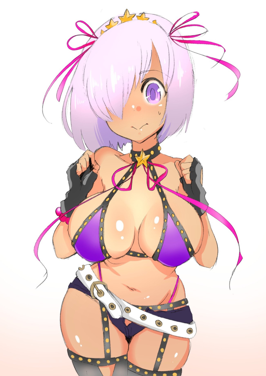 1girl bb_(fate)_(all) bb_(swimsuit_mooncancer)_(fate) bb_(swimsuit_mooncancer)_(fate)_(cosplay) belt bikini blush breasts cosplay fate/grand_order fate_(series) fingerless_gloves gloves hair_ornament hair_over_one_eye hair_ribbon highres kisaki_(strange_s_k) large_breasts lavender_hair loose_belt mash_kyrielight micro_shorts midriff purple_bikini purple_ribbon ribbon short_hair shorts solo star star_hair_ornament sweatdrop swimsuit tan violet_eyes