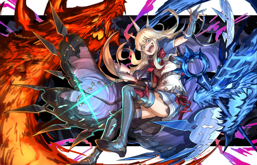 1girl blonde_hair book boots bow cagliostro_(granblue_fantasy) cape crazy_smile elbow_gloves gloves granblue_fantasy kan_(aaaaari35) long_hair ouroboros_(granblue_fantasy) shaded_face skirt snake thigh-highs thigh_boots tiara