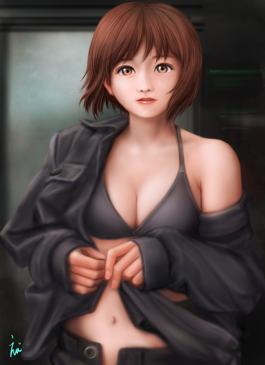 1girl black_bra black_shirt bra breasts brown_eyes brown_hair cleavage commentary_request ebi_(eeotoko) girls_und_panzer highres lips looking_at_viewer medium_breasts navel nishizumi_miho off-shoulder_shirt open_fly pants shirt short_hair solo unbuttoned underwear undressing