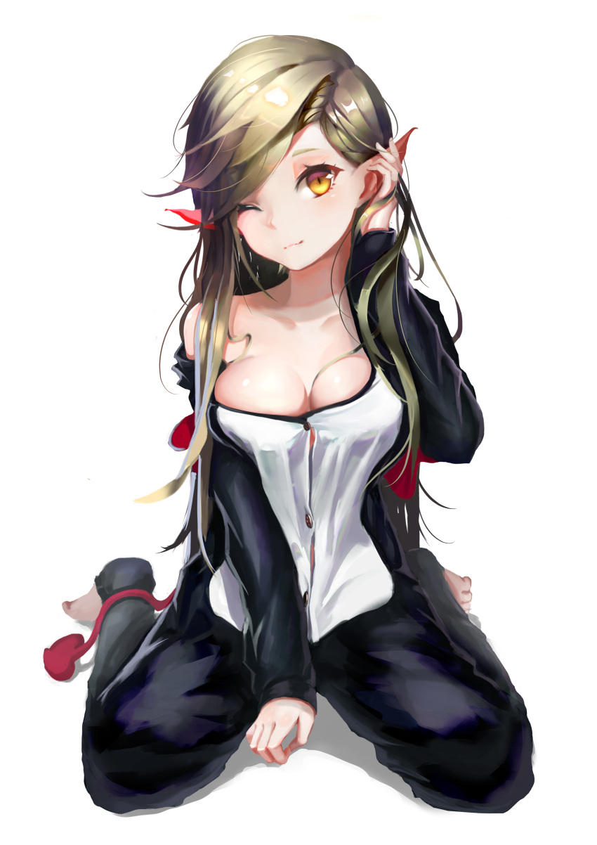 1girl absurdres artist_request breasts brown_hair buttons cleavage commentary_request dong_liuxi full_body head_tilt highres long_hair looking_at_viewer medium_breasts off_shoulder one_eye_closed original pajamas pointy_ears sidelocks simple_background sitting slit_pupils solo wariza yellow_eyes