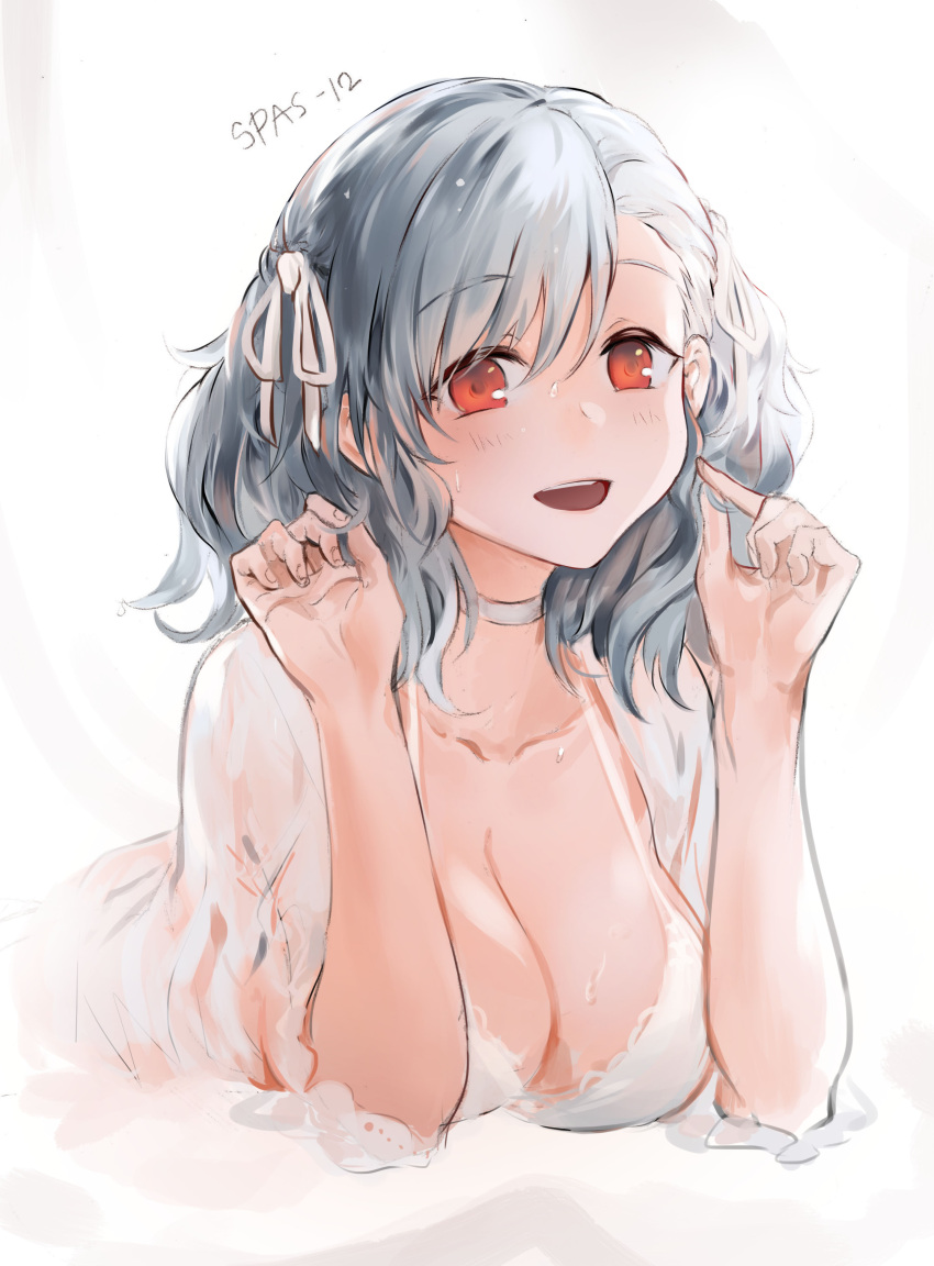 1girl absurdres bangs blush bow bra breasts character_name cleavage collarbone commentary_request dress elbow_rest eyebrows_visible_through_hair girls_frontline hair_bow hair_grab hair_ribbon highres large_breasts long_hair looking_at_viewer lying on_stomach open_mouth red_eyes ribbon silver_hair simple_background snowru solo spas-12_(girls_frontline) twintails underwear upper_body white_bow white_bra white_dress