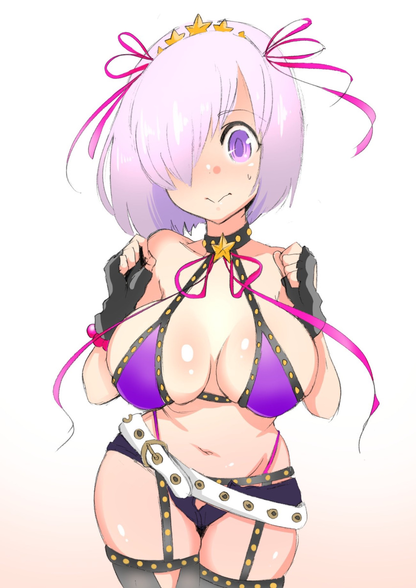 1girl bb_(fate)_(all) bb_(swimsuit_mooncancer)_(fate) bb_(swimsuit_mooncancer)_(fate)_(cosplay) belt bikini blush breasts cosplay fate/extra fate/extra_ccc fate/grand_order fate_(series) fingerless_gloves gloves hair_ornament hair_over_one_eye highres kisaki_(strange_s_k) large_breasts lavender_hair loose_belt mash_kyrielight matou_sakura matou_sakura_(cosplay) micro_shorts midriff purple_bikini purple_ribbon ribbon short_hair shorts solo star star_hair_ornament sweatdrop swimsuit violet_eyes