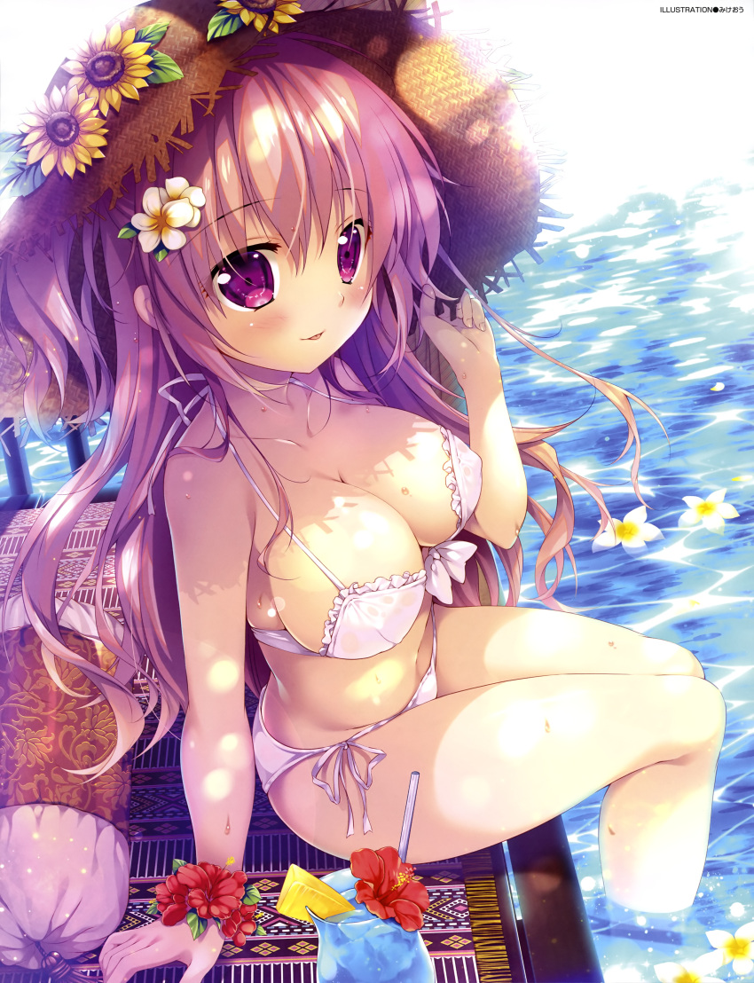 1girl absurdres artist_name bangs bare_shoulders bikini blush breasts cleavage cocktail cocktail_glass collarbone cup day dengeki_moeou drink drinking_glass drinking_straw eyebrows_visible_through_hair eyelashes flower food frilled_bikini frills front-tie_bikini front-tie_top fruit glass hair_between_eyes hair_flower hair_ornament halter_top halterneck hat hat_flower hibiscus highres holding ice ice_cube kimishima_ao large_breasts leaf lemon lemon_slice long_hair looking_at_viewer navel original outdoors pillow red_flower scan side-tie_bikini sideboob sidelocks sitting smile solo straw_hat sun_hat sunflower sunlight sweat swimsuit tongue tropical_drink violet_eyes wading water white_bikini wrist_cuffs yellow_flower