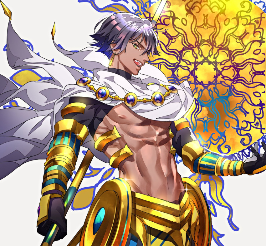 1boy :d abs black_gloves black_hair cape commentary_request earrings fate/prototype fate_(series) gauntlets glint gloves greaves green_eyes hair_between_eyes highres holding jewelry looking_at_viewer male_focus navel open_mouth ozymandias_(fate) shirtless short_sleeves smile solo tenobe turtleneck white_cape