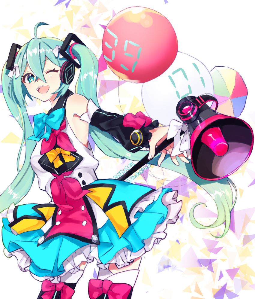 1girl :d absurdres ahoge balloon bangs black_hair blue_bow blue_skirt blush bow commentary_request dated eyebrows_visible_through_hair fingernails green_eyes green_hair hair_between_eyes hair_ornament hatsune_miku headphones highres long_hair looking_at_viewer magical_mirai_(vocaloid) megaphone nekomiya_noru_(yuduki710) open_mouth outdoors pink_bow pleated_skirt shirt skirt smile solo thigh-highs twintails twitter_username very_long_hair vocaloid white_shirt yellow_bow