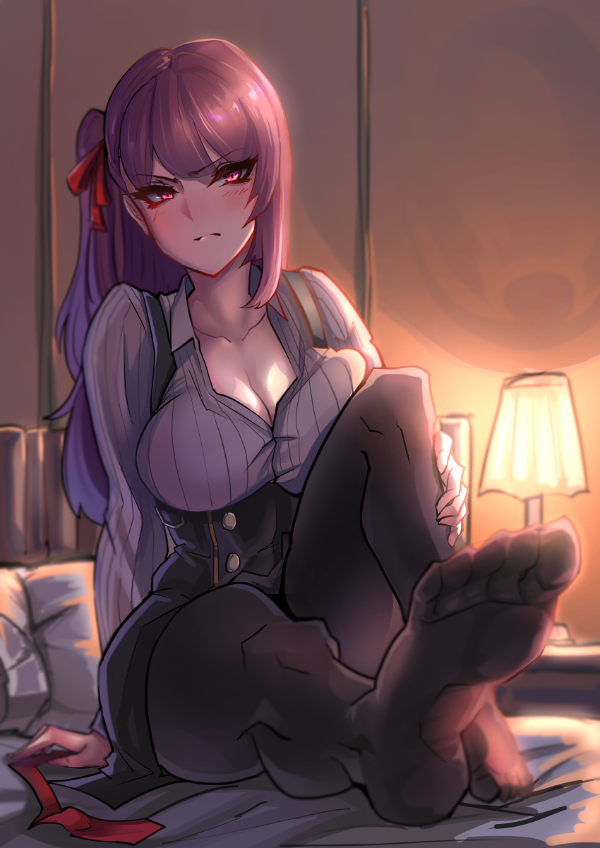 1girl absurdres arm_support bangs black_legwear black_skirt blazer blush breasts cleavage closed_mouth eyebrows_visible_through_hair feet girls_frontline gloves hair_ribbon half_updo head_tilt high-waist_skirt highres indoors jacket knee_up lamp large_breasts long_hair looking_at_viewer mrjsj990615 necktie necktie_removed night on_bed one_side_up pantyhose purple_hair red_eyes red_neckwear ribbon shirt sitting skirt solo striped striped_shirt tsundere tsurime very_long_hair wa2000_(girls_frontline)
