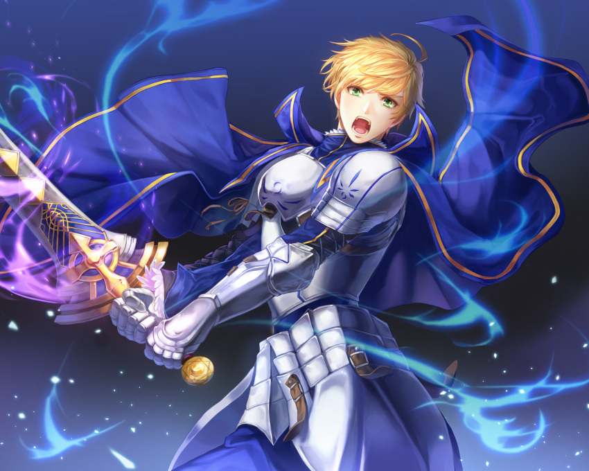 1boy ahoge armor arthur_pendragon_(fate) blonde_hair blue_background blue_cloak blue_pants breastplate excalibur_(fate/prototype) fate/prototype fate_(series) gauntlets green_eyes highres holding holding_sword holding_weapon looking_at_viewer male_focus open_mouth oso_5425 pants shoulder_armor solo spaulders standing sword weapon