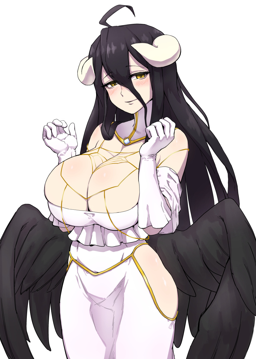 1girl absurdres ahoge albedo banned_artist bare_shoulders black_hair black_wings blush breast_squeeze breasts curvy demon_girl demon_horns demon_wings dress dungbae eyebrows_visible_through_hair feathered_wings gloves hair_between_eyes highres hip_vent hips horns huge_breasts long_hair looking_at_viewer low_wings nose_blush overlord_(maruyama) smile solo very_long_hair white_dress white_gloves wings yellow_eyes