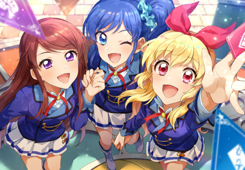 3girls :d ;d aikatsu! aikatsu!_(series) aqua_scrunchie between_fingers blazer blonde_hair blue_eyes blue_hair blue_jacket blush boots bow brown_hair card hair_ornament hair_ribbon hair_scrunchie hand_holding holding holding_card hoshimiya_ichigo jacket kiriya_aoi knee_boots lens_flare long_hair looking_at_viewer multiple_girls neck_ribbon one_eye_closed open_mouth pleated_skirt red_eyes red_neckwear red_ribbon ribbon school_uniform scrunchie shibuki_ran side_ponytail single_stripe skirt smile sparkle standing starlight_academy_uniform very_long_hair violet_eyes white_bow white_footwear white_skirt zattape