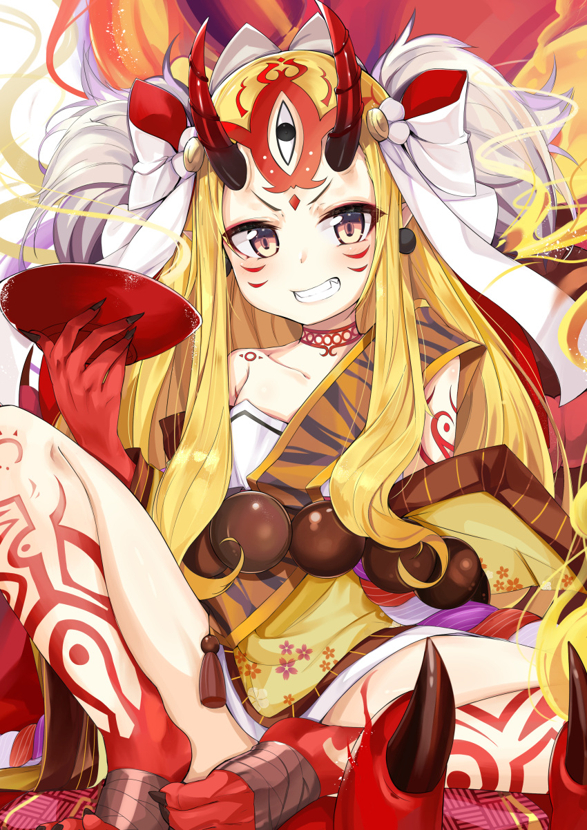 1girl absurdres bare_legs bare_shoulders barefoot blonde_hair blush bow collarbone commentary_request cup earrings facial_mark fangs fate/grand_order fate_(series) forehead_mark grin hair_bow head_tilt highres holding horns ibaraki_douji_(fate/grand_order) japanese_clothes jewelry kimono kimono_pull long_hair ohshit oni oni_horns pointy_ears sakazuki sitting smile solo very_long_hair white_bow yellow_kimono