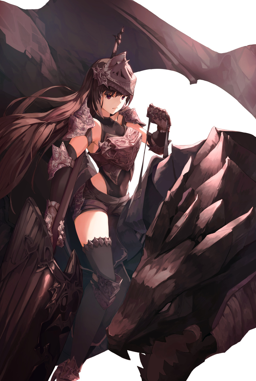 1girl absurdres bangs black_legwear breastplate breasts brown_hair covered_navel dragon elbow_pads floating_hair gauntlets hair_between_eyes helmet highres holding holding_sword holding_weapon huge_weapon knee_pads long_hair looking_at_viewer medium_breasts munseonghwa original pauldrons riding serious short_shorts shorts simple_background solo sword symbol_commentary thigh-highs violet_eyes weapon white_background