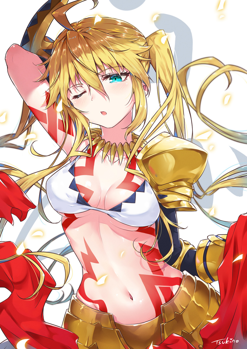 1girl ;o ahoge angelica_ainsworth armpits blonde_hair blue_eyes bra breasts cleavage cosplay fate/kaleid_liner_prisma_illya fate_(series) gilgamesh gilgamesh_(cosplay) gloves gold_armor highres large_breasts long_hair looking_at_viewer navel one_eye_closed open_mouth shadow simple_background solo tattoo tsukino_(nakajimaseiki) twintails underwear upper_body white_background white_bra
