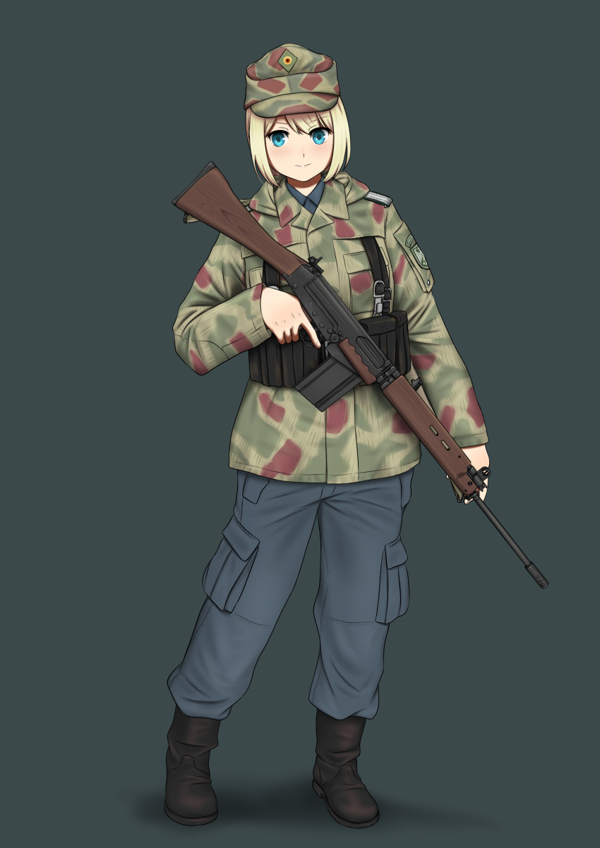 1girl absurdres battle_rifle blonde_hair blue_eyes camouflage cargo_pants commentary_request fn_fal full_body germany gun hat highres holding holding_gun holding_weapon military military_hat military_uniform millimeter original pants rifle short_hair simple_background solo trigger_discipline uniform weapon