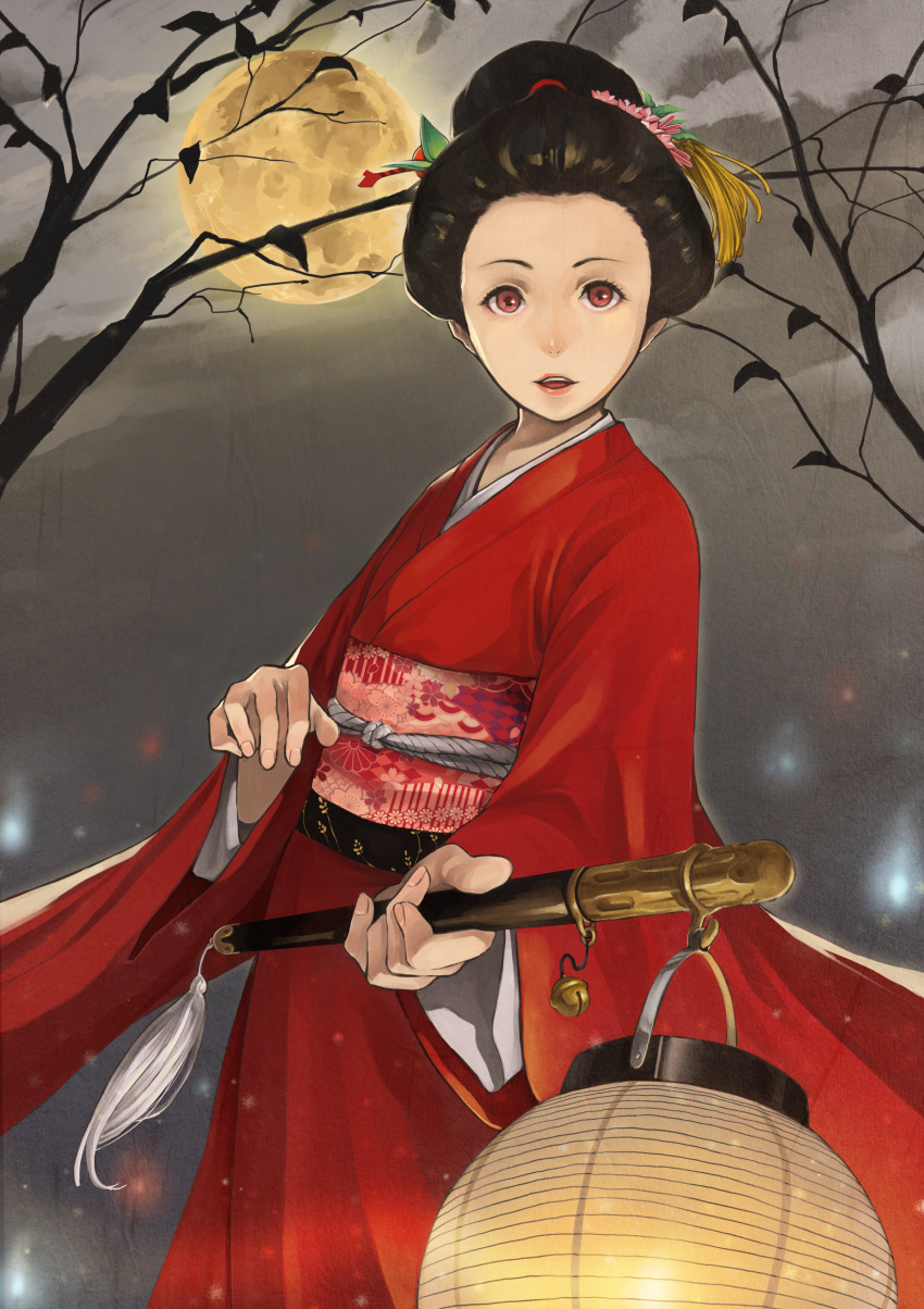 1girl absurdres bell brown_hair clouds cloudy_sky commentary_request fingernails full_moon grey_sky hair_ornament hairpin highres holding japanese_clothes jingle_bell kimono lantern long_sleeves looking_at_viewer moon night night_sky original paper_lantern parted_lips red_eyes red_kimono sky solo somehira_katsu standing tassel wide_sleeves