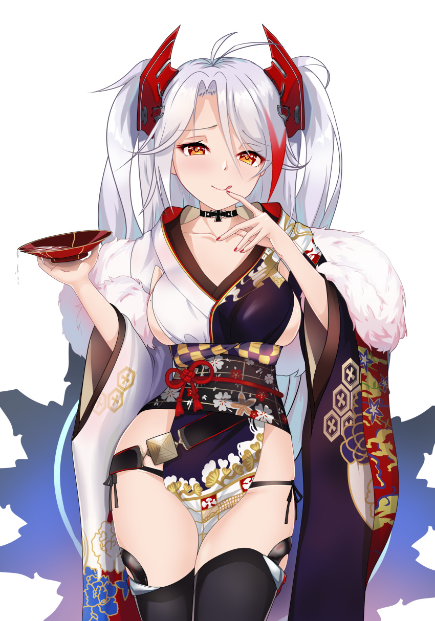1girl :q absurdres alternate_costume antenna_hair ass azur_lane bangs black_legwear black_panties blush breasts brown_eyes collarbone cowboy_shot cross_choker cup drinking_glass eyebrows_visible_through_hair finger_to_mouth finn_flint fur-trimmed_kimono fur_trim hair_between_eyes headgear highres holding holding_cup iron_cross japanese_clothes kimono large_breasts long_hair looking_at_viewer mole mole_on_breast multicolored_hair panties pelvic_curtain prinz_eugen_(azur_lane) redhead side-tie_panties sideboob sidelocks silver_hair simple_background skindentation smile solo streaked_hair thigh-highs thighs tongue tongue_out two_side_up underwear very_long_hair white_background wide_sleeves