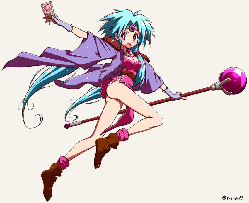 1girl aqua_hair ass bangs bare_legs blue_gloves breasts brown_footwear card circlet cleavage dress fingerless_gloves full_body gloves hair_over_shoulder haou_taikei_ryuu_knight holding holding_staff jacket legs long_hair medium_breasts messy_hair open_mouth paffy_pafuricia panties parted_bangs pink_dress pink_legwear purple_jacket shirono shoes simple_background socks solo staff twintails twitter_username underwear violet_eyes white_background white_panties